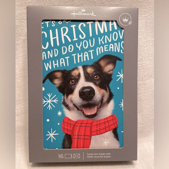 Hallmark Christmas Cards Puppy Dog Pet Lovers 16 Count Box Holiday Red Envelopes - Picture 1 of 2